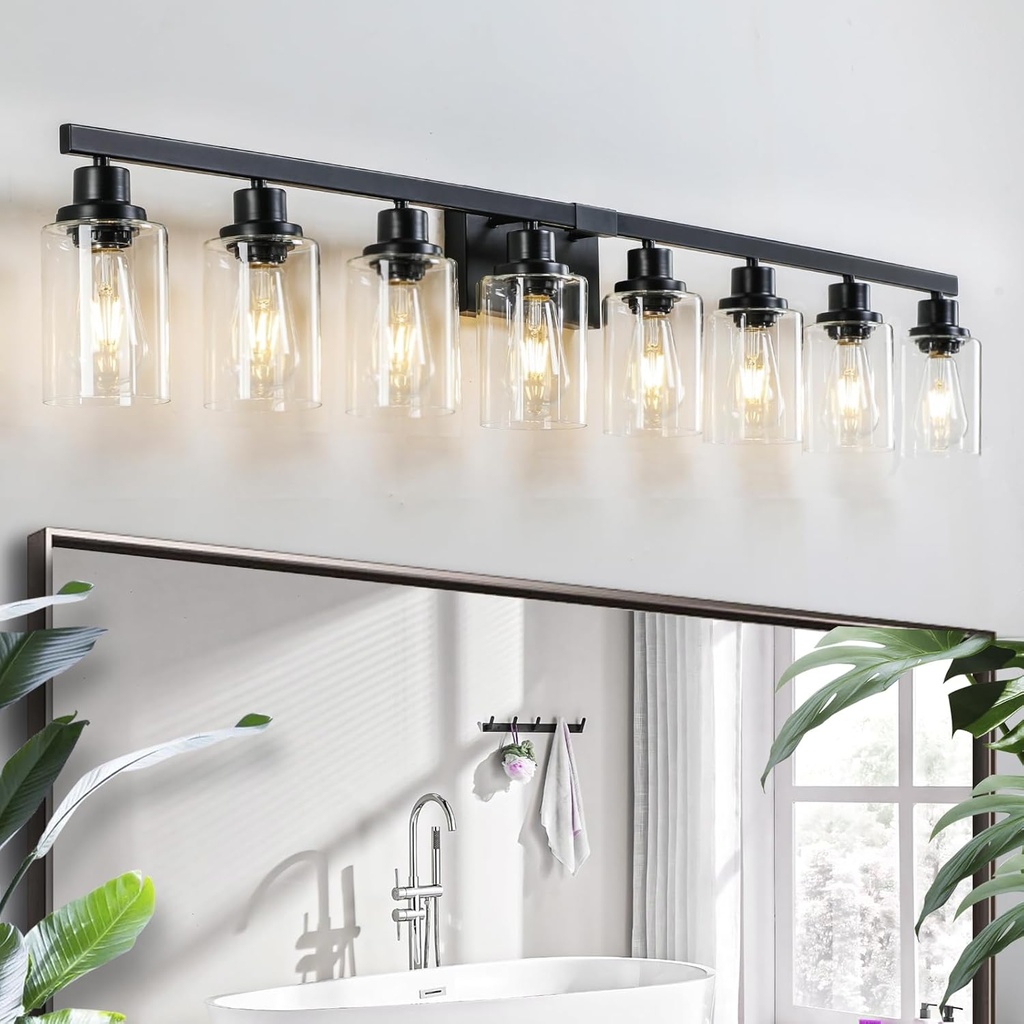8 Light Bathroom Vanity Lights Over Mirror, 52inch Black Vanity Lights Fixtures Matte Black Modern Vanity Lights Black Bathroom Wall Lighting for Mirror Bedroom,Living Room