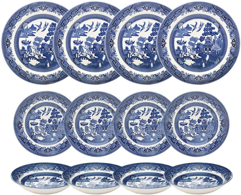 Churchill Blue Willow Dinner Plates, Salad Plates and Coupe Bowls 12 Piece Dinnerware Set, Made In England