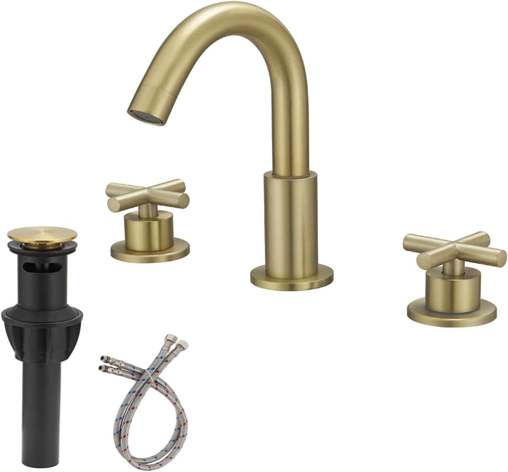 3 Hole Gold Faucets 8 Inch Widespread Bathroom Faucet 2 Cross Handle Lavatory Vanity Sink Modern Brass 3 Piece Mixer Tap for Bathroom Vanity 180 Swivel Spout Deck Mount