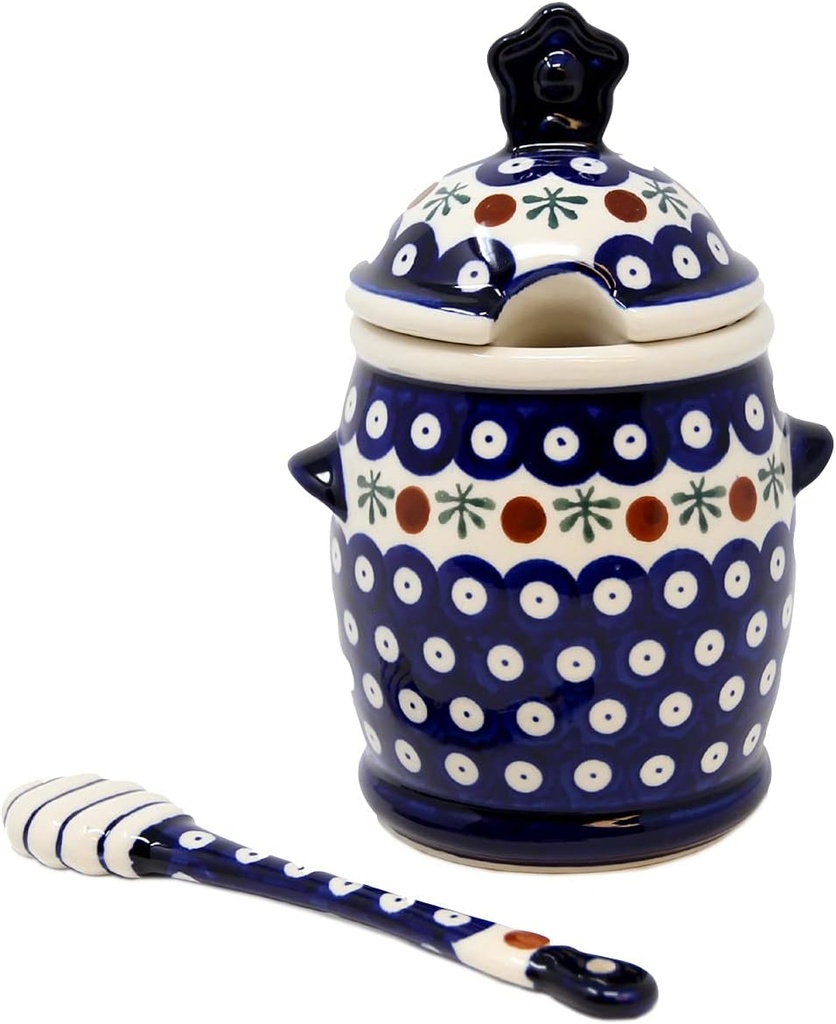 Polish Pottery Market Honey Jar and Dipper from Zaklady Boleslawiec