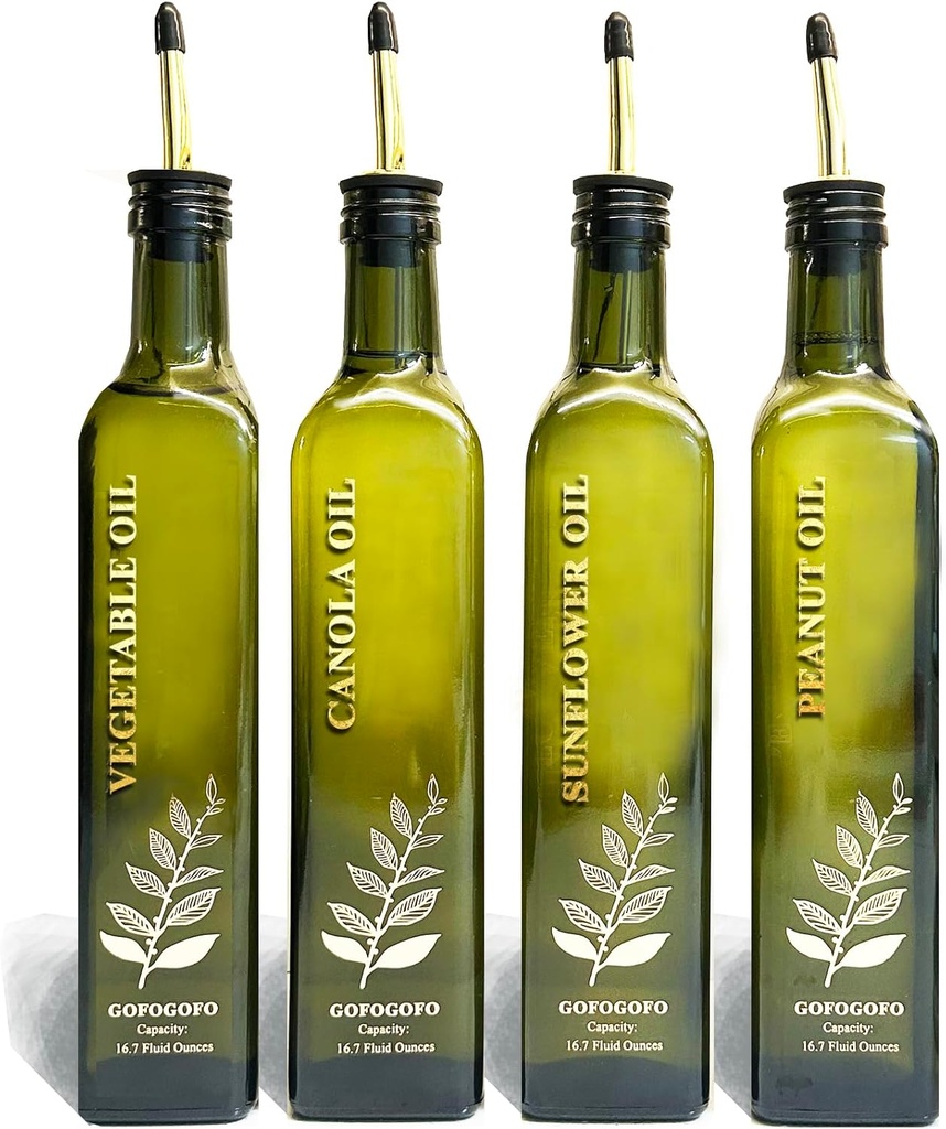 17oz Glass Olive Oil Dispenser Bottles Set Of 2 Gold - 500ml Oil & Vinegar Dispenser Bottles with Pourers and Funnel Carafe Decanter for Kitchen (DARK GREEN, 500ml set of 4)