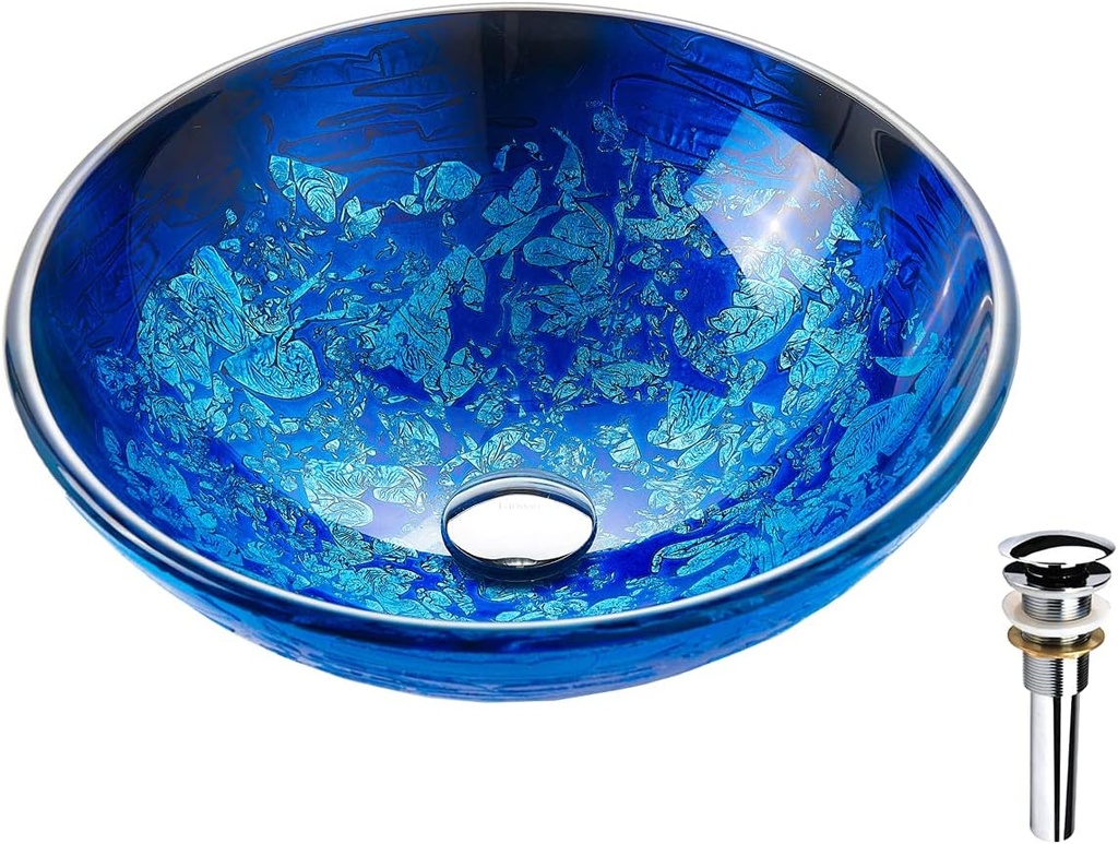 Blue OceanMystery Series Tempered Deco Glass Vessel Bathroom Sink in Starry Blue | Top Mount Sinks Above Countertop | Vanity Countertop Sink Bowl with Pop Up Drain |FW-LA604