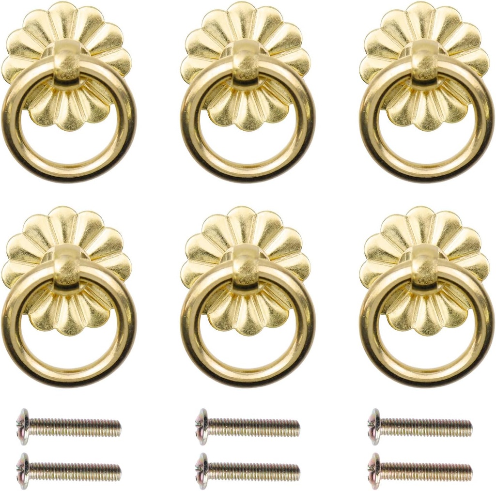 Geesatis 6 Pcs Brass Ring Pulls Handles,Antique Pulls Cabinet Knobs,Drawer pulls Closet Cupboard Door Decorative Handles