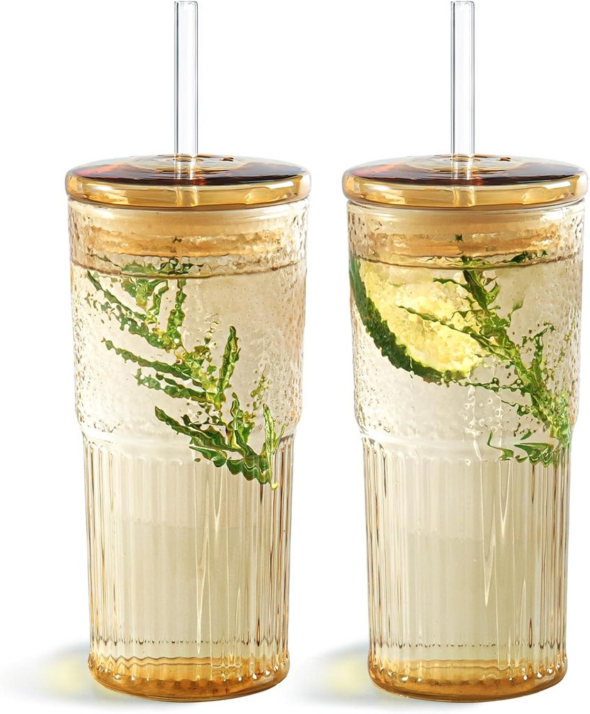 Puraville 20oz Glass Cups with Lids and Straws, 2 Pack High Borosilicate Iced Coffee Cups Drinking Glasses Tumbler for Smoothie, Water, Tea, Juice Drinks, Amber