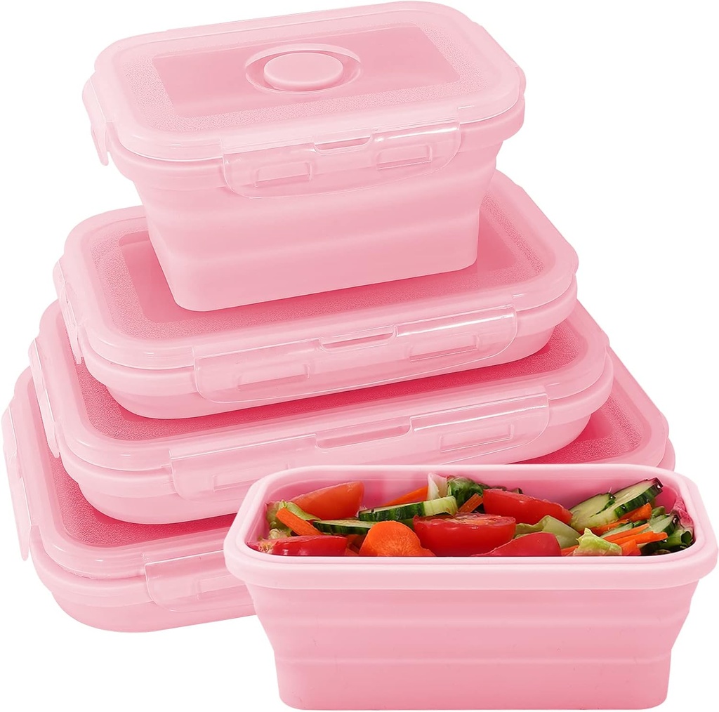 Collapsible Silicone Food Storage Containers with Lids,Set of 4 Silicone Lunch Box Containers,Foldable Meal Prep Container for Kitchen,Microwave & Dishwasher & Freezer Safe,BPA Free(Square Pink,4PCS)
