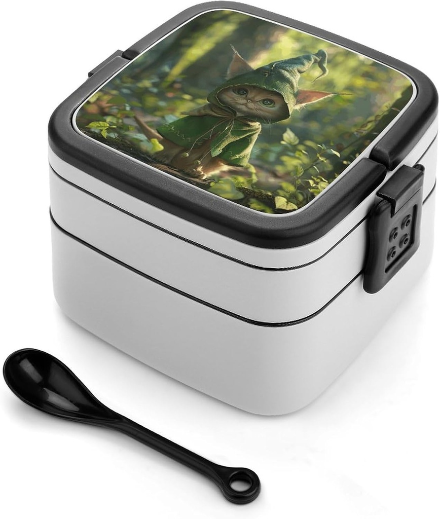 Cat with Big Eyes Bento Box Adult Lunch Box All-in-One Lunch Containers with Removable Compartments Double Layer Bento Lunch Box with Spoon And Handle Stackable Lunchbox