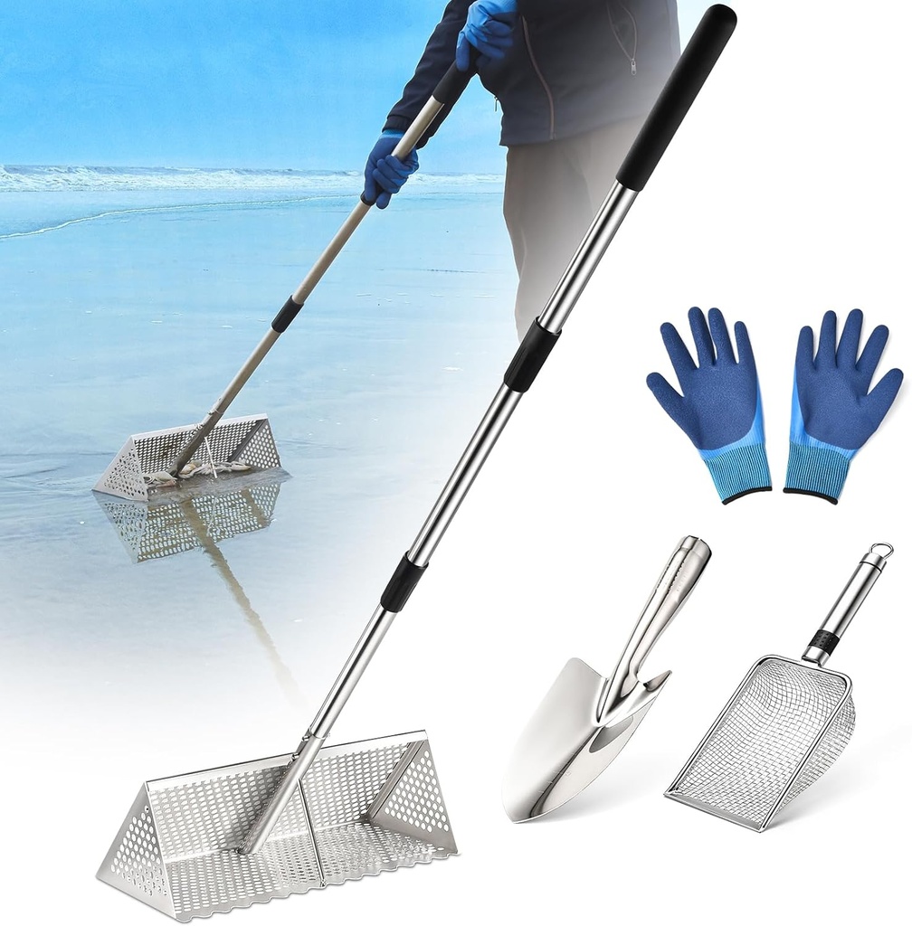 Sand Flea Rake, Long Handle Sand Sifter for The Beach, Stainless Steel Shark Tooth Sifter Comes with A 16-Inch Wide Mesh Screen for Collecting Fleas, Shark Teeth, and Seashells