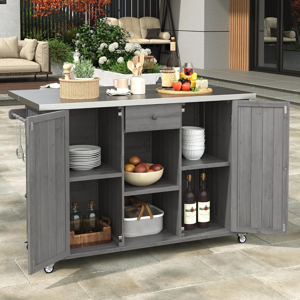 Merax 52.25" W Outdoor Grill Cart with Stainless Steel Tabletop, Patio Kitchen Island Storage Cabinet for BBQ, Bar
