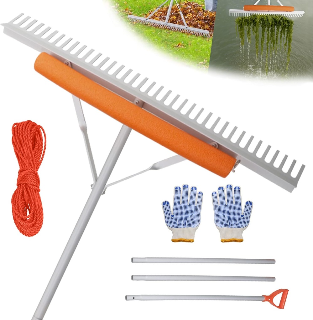 Floating Weed Lake Rake, 36 Inch Widths Pond Rake Aquatic Weed Rake, 133 Inch Extensible Multifunctional Folding Weeding Rakes, Aluminum Landscape Rakes with 49.2 FT Rope