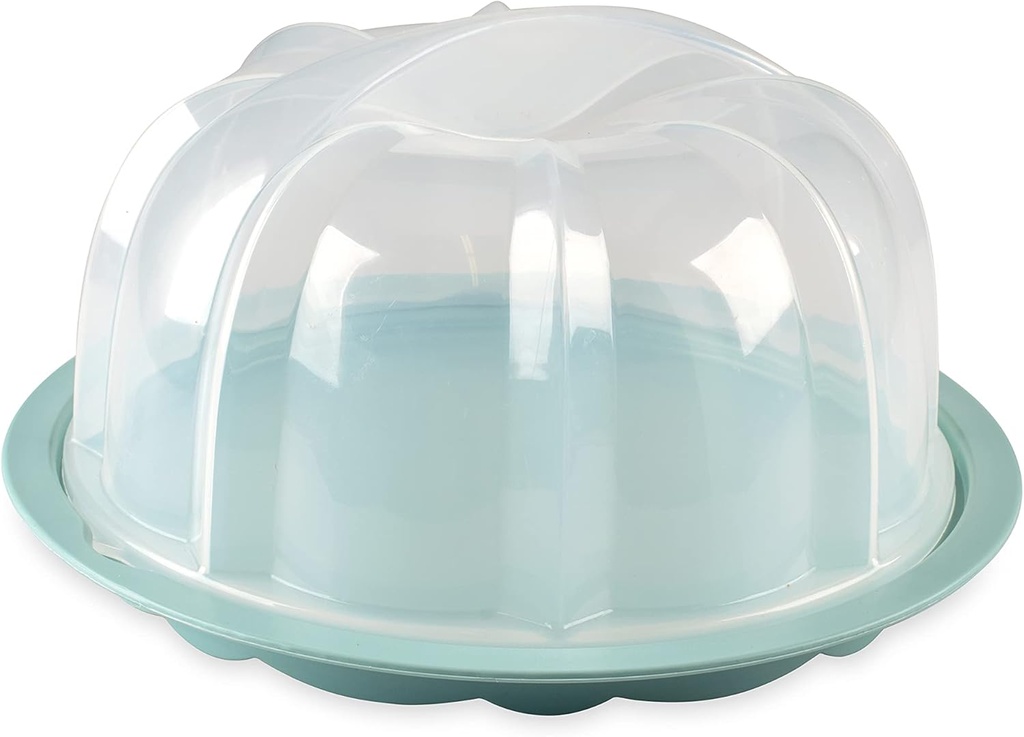 Nordic Ware Bundt Cake Keeper, Durable Plastic Clear Cake Box with Twist-to-Lock Base for Freshness, Food-Safe Cake Stand with Dome Lid Made in The USA, Colour: Blue
