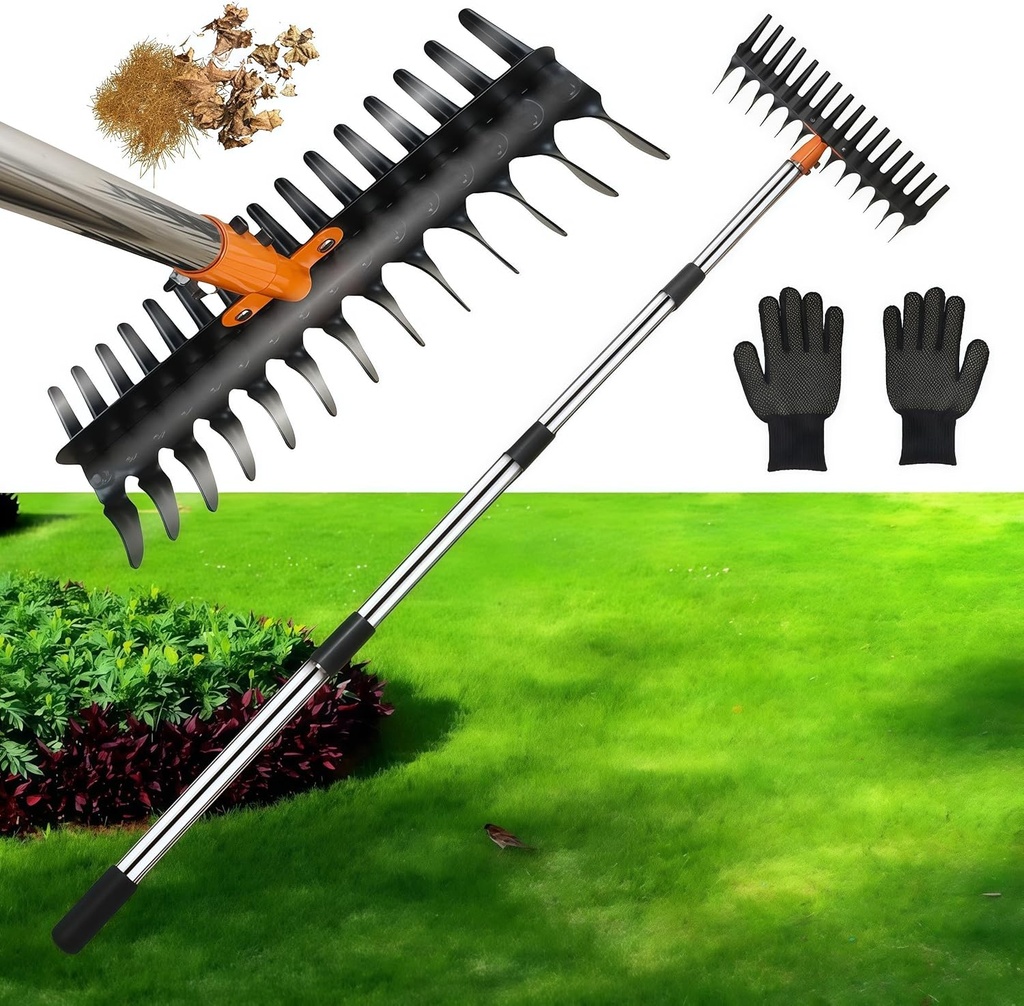 Thatching rakes for lawns, Heavy Duty Metal Thatcher rake with Strong Handle, Wide 15inch Iron dethatching rakes for Yard Leaf & Weed Clean, Soil Loose (Yellow-tine29)