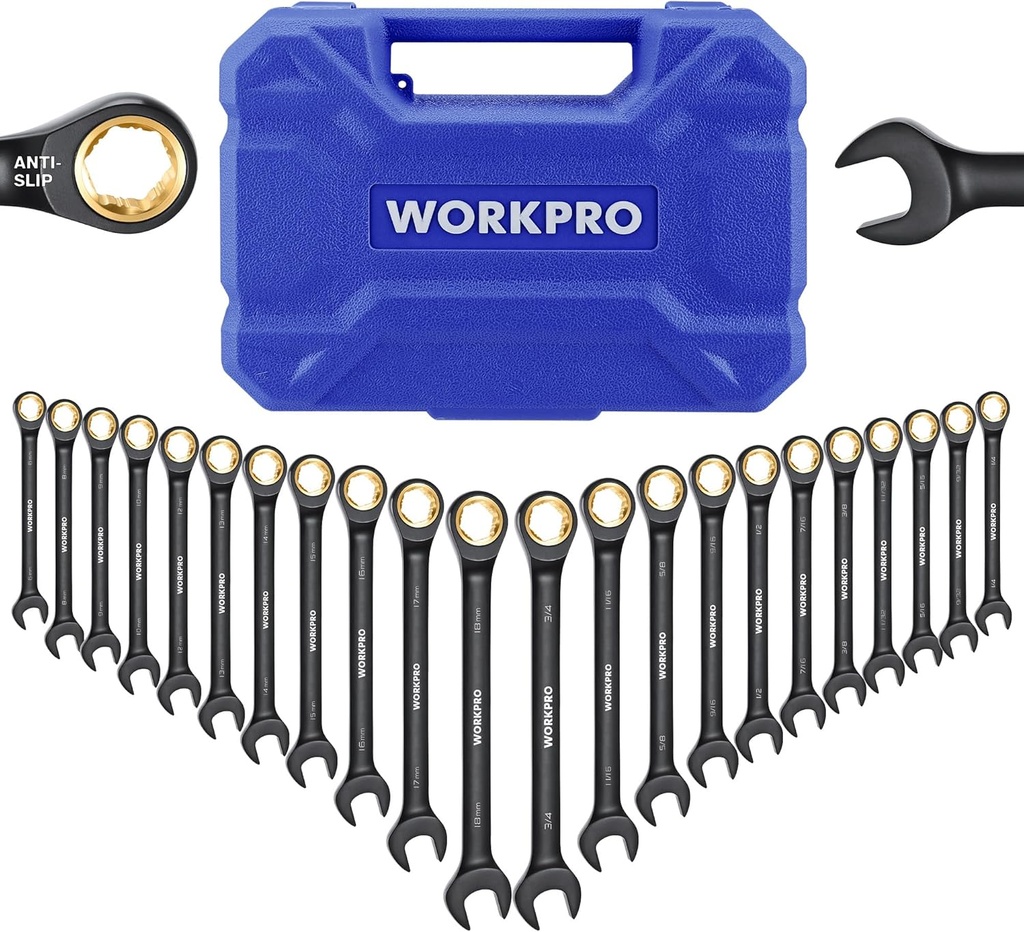 WORKPRO 22-Piece Ratcheting Wrench Set, Anti-slip Teeth, Ratchet Combination Wrench Sets with Organizer Box, Metric 6-18mm & SAE 1/4-3/4", Black Electrophoretic Coating