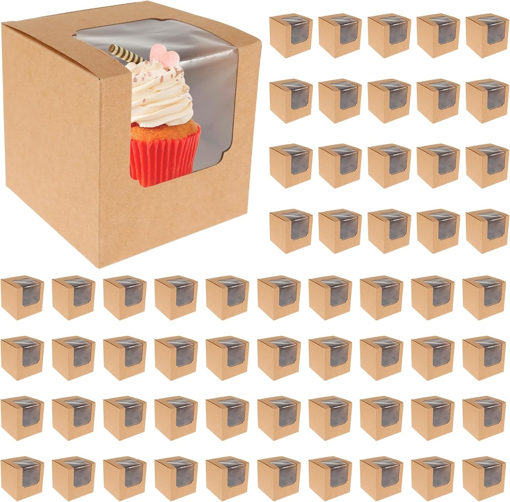 60Pcs Cupcake Boxes Cupcake Containers 9x9x9cm White/Brown Pastry Treat Boxes with Inserts and Clear Window Cupcake Holders for Wedding Baby Shower Birthday Gifting ZHAZ(Cowhide Paper)
