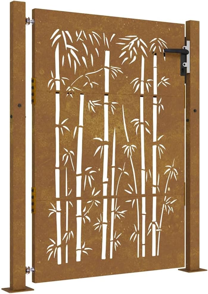 vidaXL Garden Gate, Locking Fence Gate, Hinged Gate for Patio Outdoor, Entrance Barrier Decorative Door, 41.3"x51.2" Corten Steel Bamboo Design
