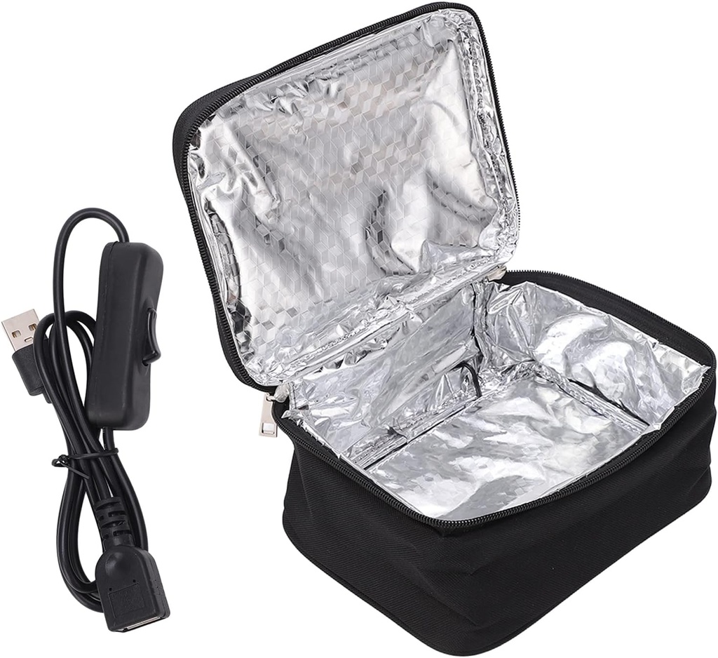 Electric Heated Lunch Box Bag with USB, Insulated Food Warmer Tote for Car, Travel, Office, Camping, 7.9x6.1x3.1 Inch