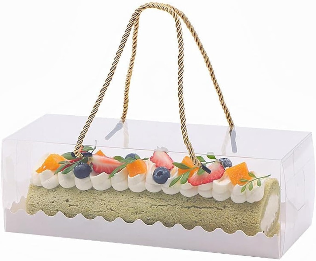 YankMooM 10Packs Clear Roll Cake Boxes, 10.8x4.3x3.8in Large Transparent Cake Storage Box Cake Containers with Gold Rope Handle & Cake Boards Plastic Gift Boxes for Party