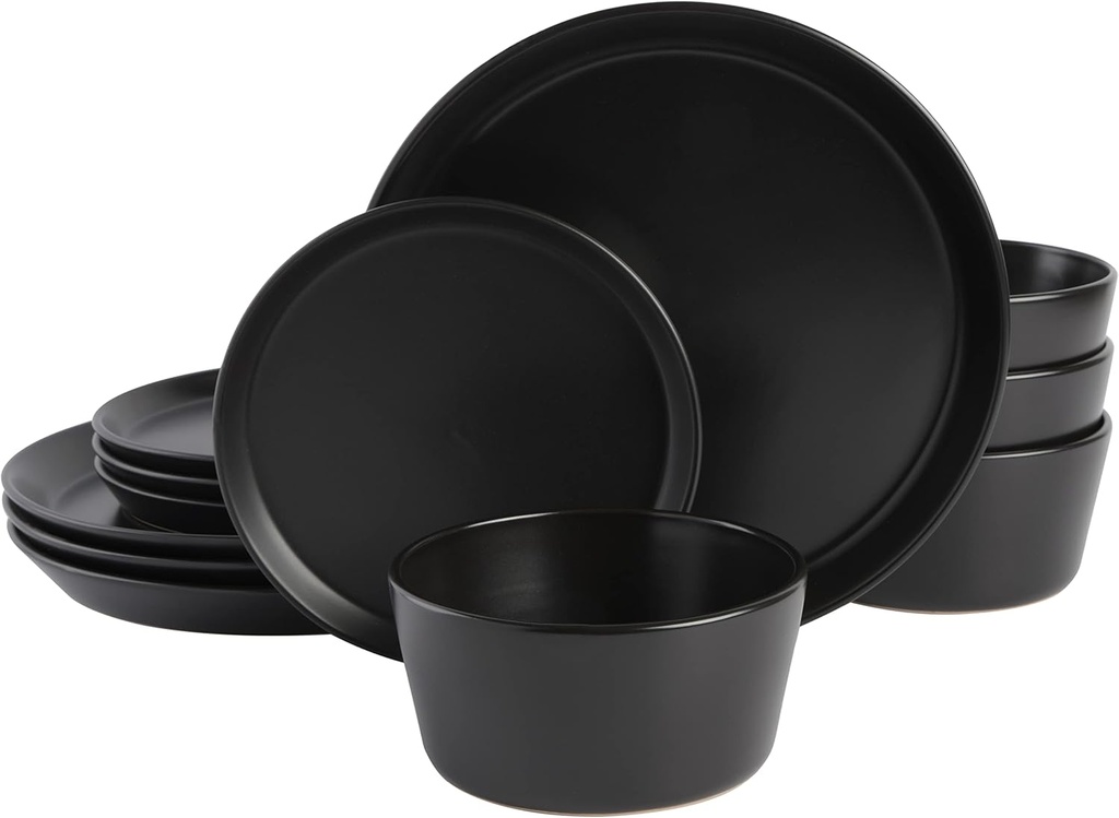 Gibson Soho Lounge Sofia Coupe 12-Piece Stoneware Dinnerware Set, Service for 4 – Black Plates and Bowls