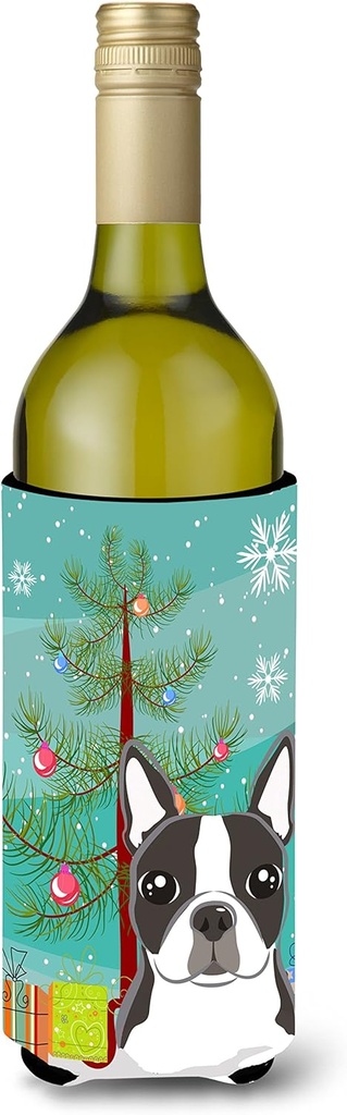 Caroline's Treasures BB1575LITERK Christmas Tree and Boston Terrier Wine Bottle Hugger Bottle Cooler Sleeve Hugger Machine Washable Collapsible Insulator Beverage Insulated Holder