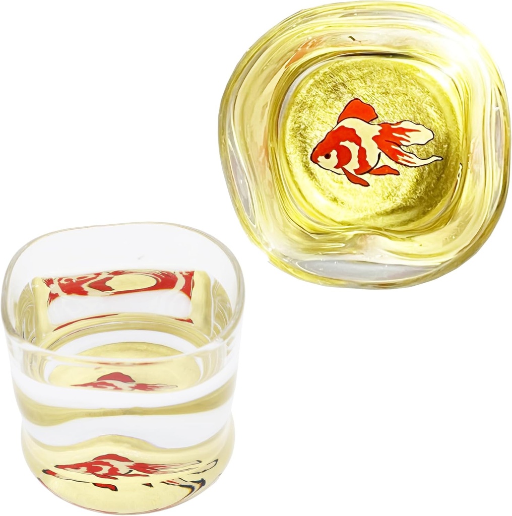 Kasyou Studio Goldfish sake cup (Natural curl shape) Glass (Kanazawa Gold Foil, Gift Box), Made in Japan, japanese sake cup soju glass luxury golden glasses Vaso de Sake Japonés