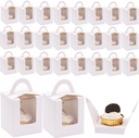 100 Pack Single Cupcake Boxes with Window, White Individual Cupcake Containers with Handle, 3.7x3.7x4.5 Inch Kraft Paper Favor Bakery Container for Small Cake, Muffins, Birthday, Wedding