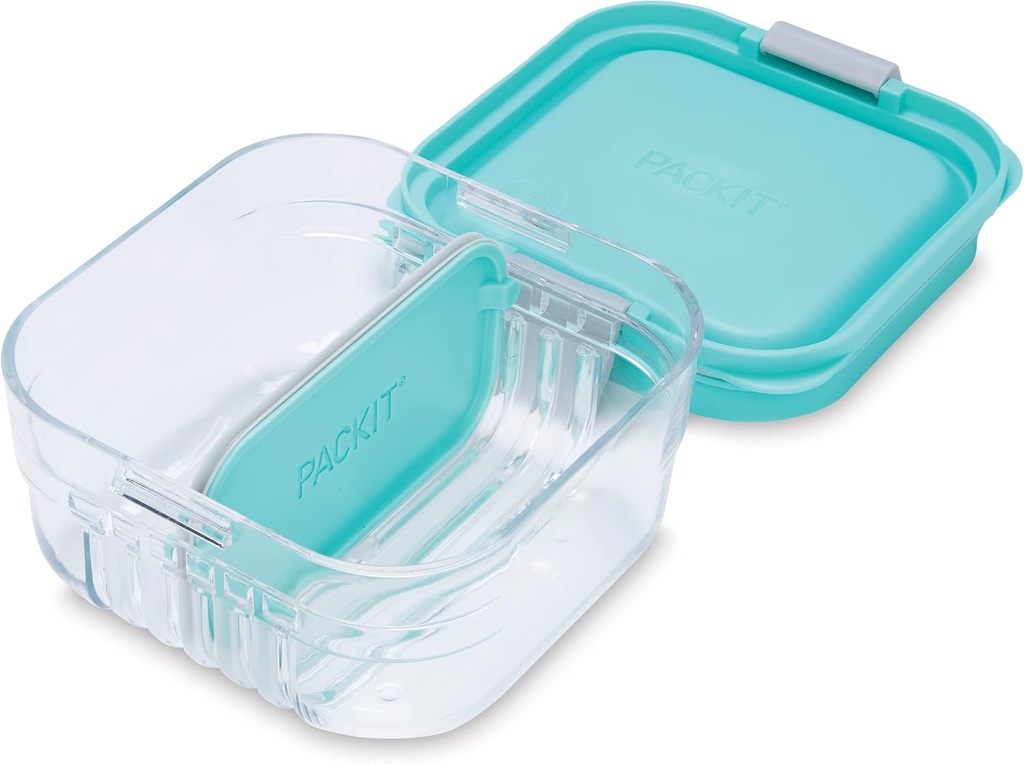 PackIt Mod Snack Bento Food Storage Container, Mint Green, Shatterproof Crystal Clear Base, with Leak-resistant Dividers and Lid, Microwavable, Dishwasher Safe, Perfect for Snacks
