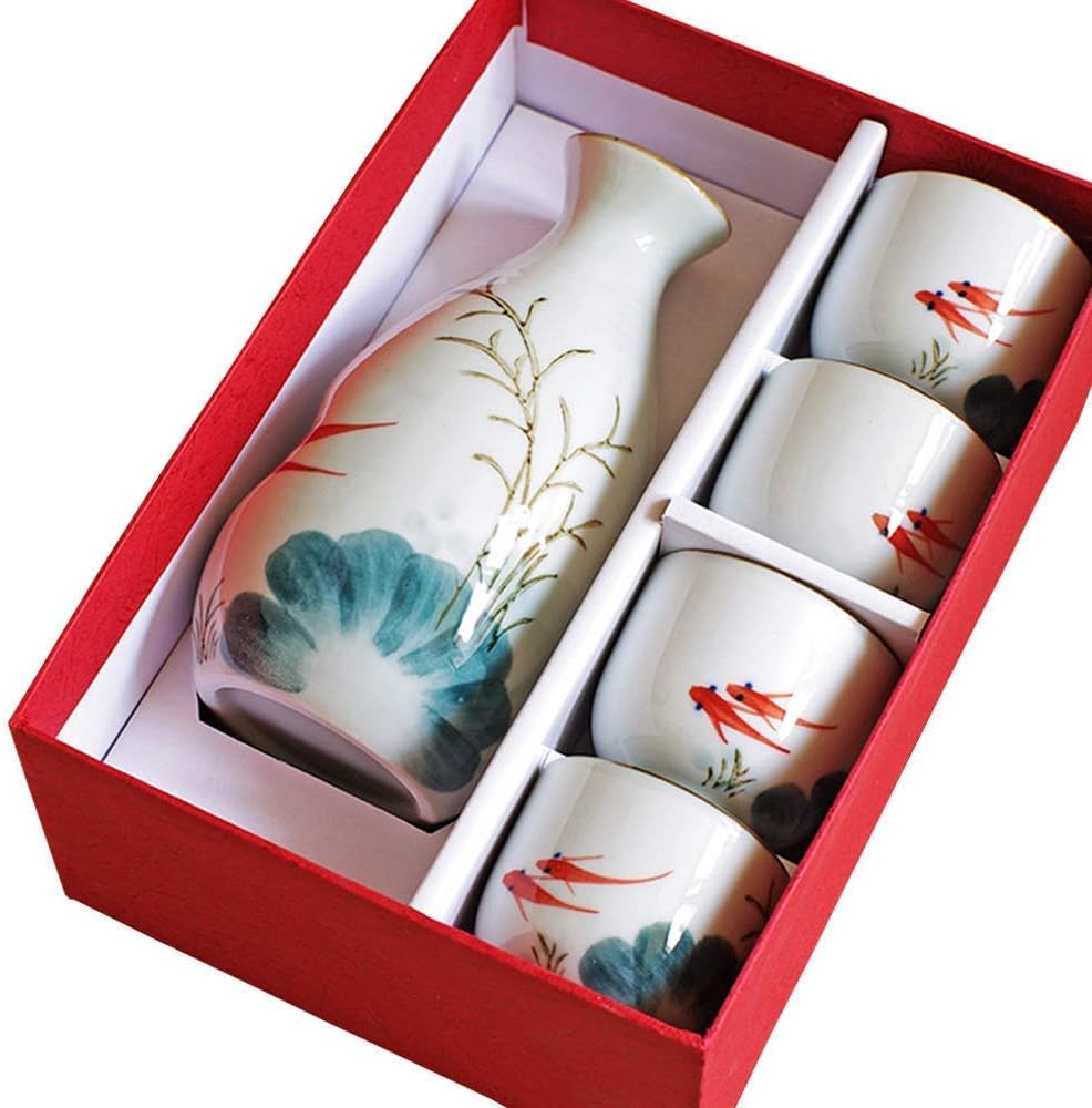 Japanese Goldfish Play Water Sake Set - 5 Sets of Sake Set with Packaging - Hand-Painted Design Porcelain Ceramic Traditional Ceramic Cup Crafts Wine Glass
