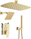 Brushed Gold Rainfall Shower System with Push-Button Diverter, Square UFO Rain Shower Trim Kit for Ceiling and Wall Mount, 2-Function Handheld Shower, Rough-in Valve, and Shower Faucet Set