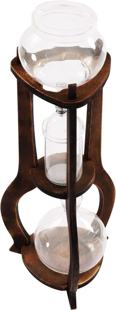 Iced Coffee Cold Brew Drip Tower Coffee Maker, Wooden Ice Coffee Machine, Stainless Steel and Borosilicate Glass, Long Neck Sharing Pot, with Measuring Spoon (Brown)