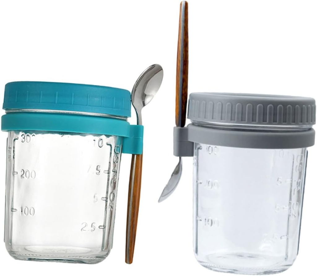 Mikinona 2sets Ergonomic Handle Oatmeal Cup Lid Multi-use Glass Milk Cup for Breakfast Travel Office Easy Storage