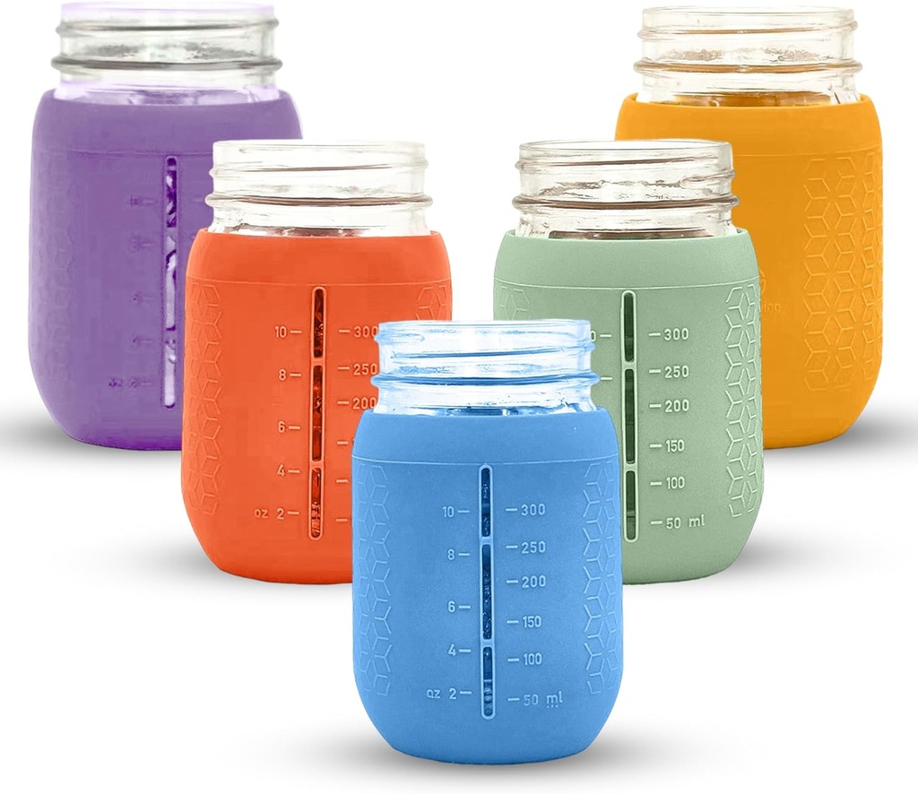 Silicone Mason Jar Sleeves Spring Summer Set | Anti-Slip Protectors for Regular Mouth 16oz Jelly Canning Jars | Cup Holders with Measurement Markings | Dishwasher Safe Jar Jackets - 5 Pack