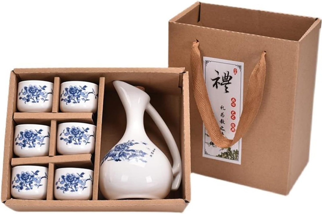 7 Pieces Sake Set, Traditional Retro High-Grade Ceramics Sake Cup Set, with 1 Sake Pot and 6 Sake Cups, Elegant Design Best Gift for Family and Friends Cups