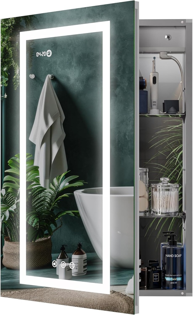 LED Lighted Medicine Cabinet Front & Backlit Dimmable Colours, Clock & Temp, USB Outlets (24 x 32)