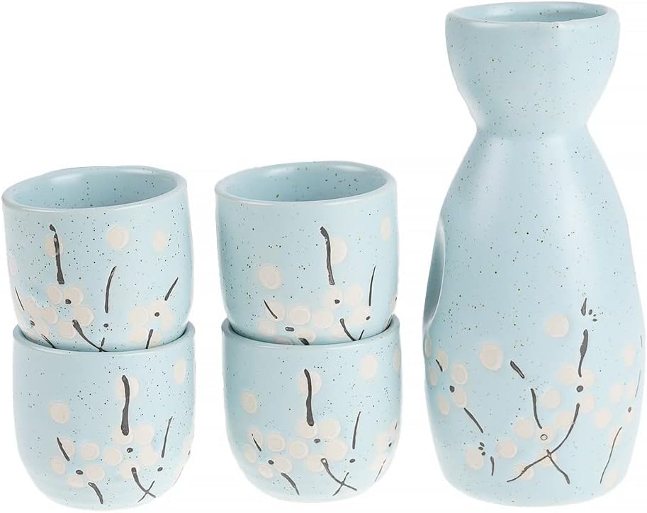 Sakura Sake Set - Porcelain, 5-Piece, Aqua Green, Hanami, Japanese Celebration
