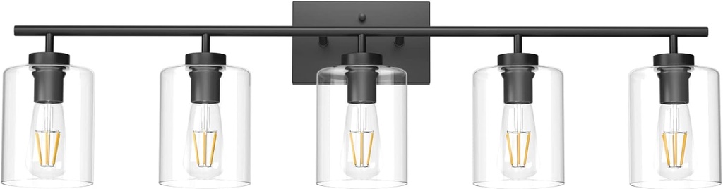 Aipsun 5 Lights Black Vanity Lights Fixtures Over Mirror with Clear Glass Shades Industrial Wall Light Fixture for Bathroom(Exclude Bulb)