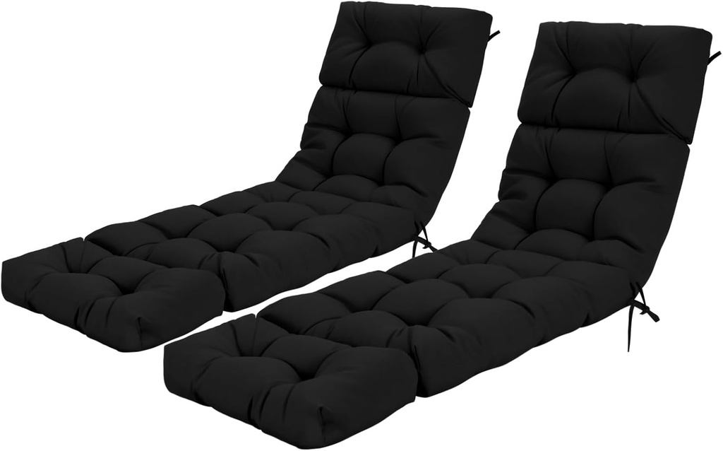 Tangkula Chaise Lounge Cushions Outdoor, 73 x 22 Inch Patio High Back Recliner Cushion with 4 String Ties, 4” Thick Padded Lounge Chair Cushion Replacement for Outdoor Indoor Furniture (2, Black)