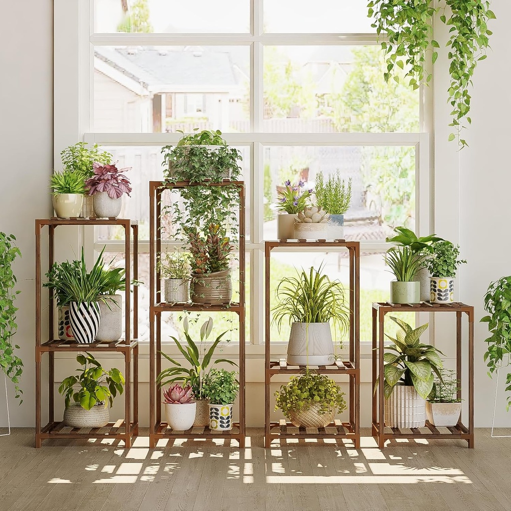 Bamworld Plant Stands Indoor 4 Sets Plant Shelves Outdoor Wooden Plant Holder for Multiple Plants Flower Stands Window
