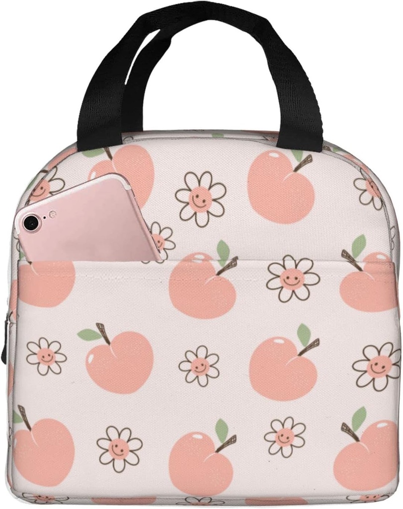 Peach Fruit Happy Flower Pink Lunch Bag For Women Girls Insulated Lunch Box Reusable Lunchbox Waterproof Portable Lunch Tote