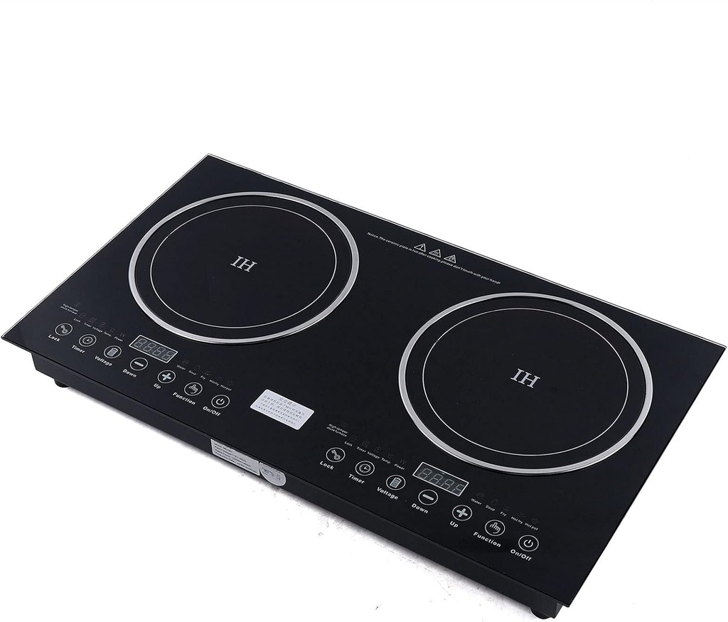 2 Head Ceramic Inf-Rared Cooktop,1.2kw+2.4kw Induction Dual Burner W/Kids Safety Lock& Timer,Works With Flat Cast Iron Pan,Double Electric Pottery Range,Touch Sensor Control