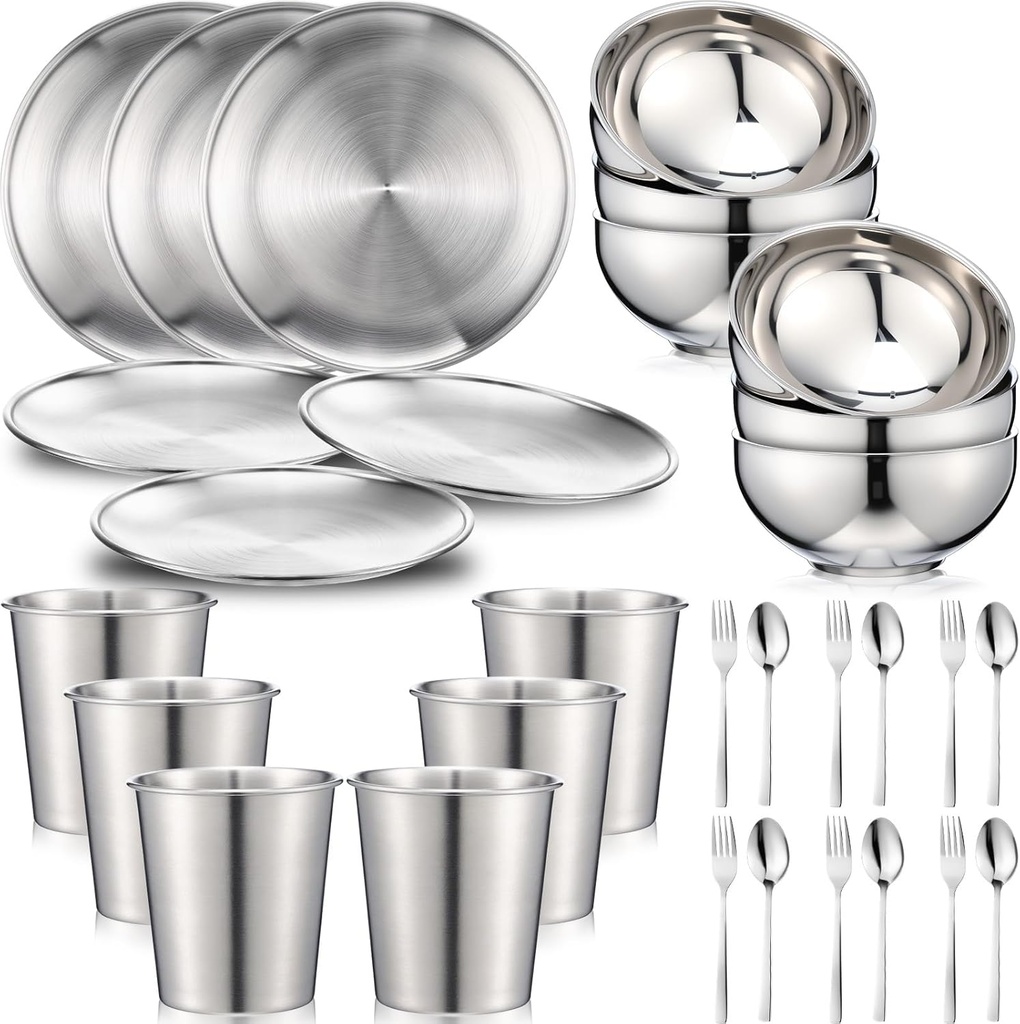Jinei 30 Pcs 304 Stainless Steel Dinner Set Stainless Steel Plates and Bowls Include Plates Bowls Cups Forks Spoons Utensil Reusable Metal Camping Dinnerware Tableware for Home Picnic Kitchen(Silver)