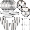 Jinei 30 Pcs 304 Stainless Steel Dinner Set Stainless Steel Plates and Bowls Include Plates Bowls Cups Forks Spoons Utensil Reusable Metal Camping Dinnerware Tableware for Home Picnic Kitchen(Silver)