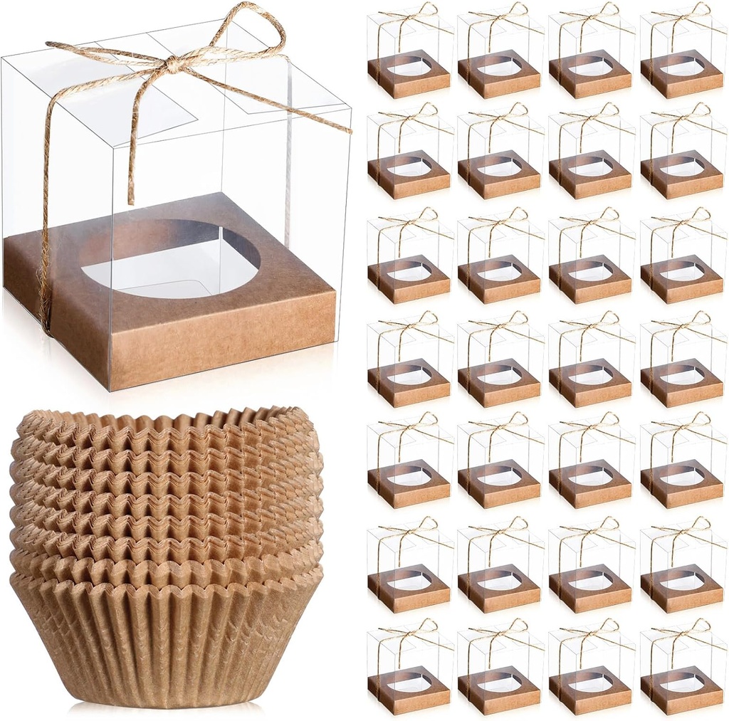 Ctosree 50 Sets Clear Plastic Cupcake Boxes 3.5 Inches Single Containers With 100 Pcs Liners, Baking Cups, Holders for Cake Dessert Storage