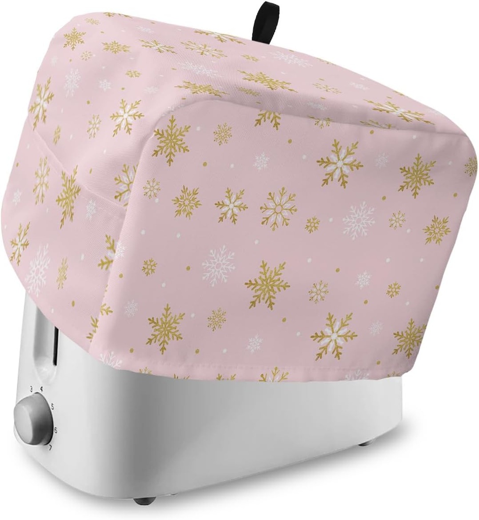 Christmas 2 Slice Toaster Cover, Bread Machine Cover Gold and White Snowflake Pink Kitchen Appliance Dust Cover with Top Handle Fingerprint Protection Lightweight Kitchen Toaster Cover