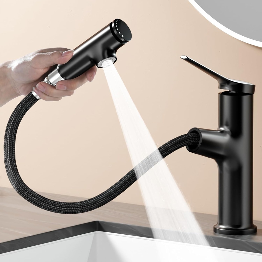 1 Hole Faucet for Bathroom Sink, Modern Single Hole Bathroom Faucet with Pull Out Sprayer, Single Handle Pull Down Fountain Tap with 3 Spray Modes (Black, Regular)