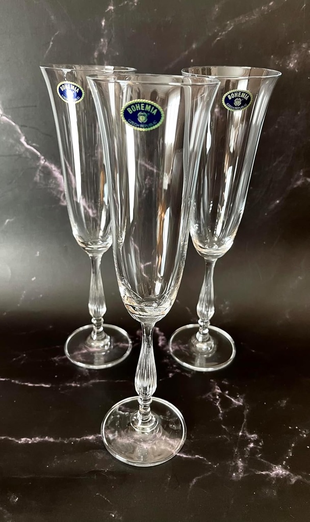 Czech Bohemian Crystal Glass Set of 6 Wine & Champagne Glasses 6oz./190ml. Fregata Elegant Vintage Design Stem Goblets Wedding Birthday Housewarming Anniversary