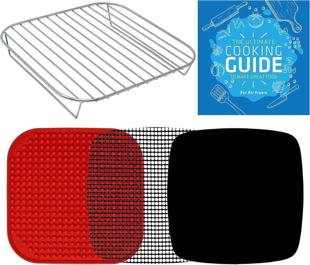 Air Fryer Rack Accessories Compatible with Ninja Crispi, Bella, Cosori, Secura, Insignia, Philips, Kalorik + More, Stainless Steel Extra Large XL Silicone Mat, Accessorios para Freidora de Aire