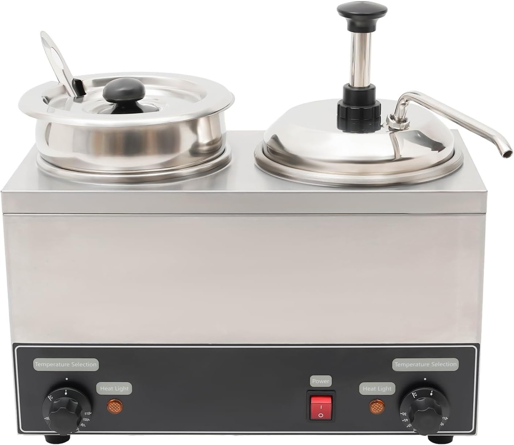 Cheese Warmer Dispenser, Double Heads Nacho Cheese Warmer With Pump, Stainless Steel Electric Sauce Dispenser Condiment Containers with 2 Pot & Spoon, For melting chocolate，caramel