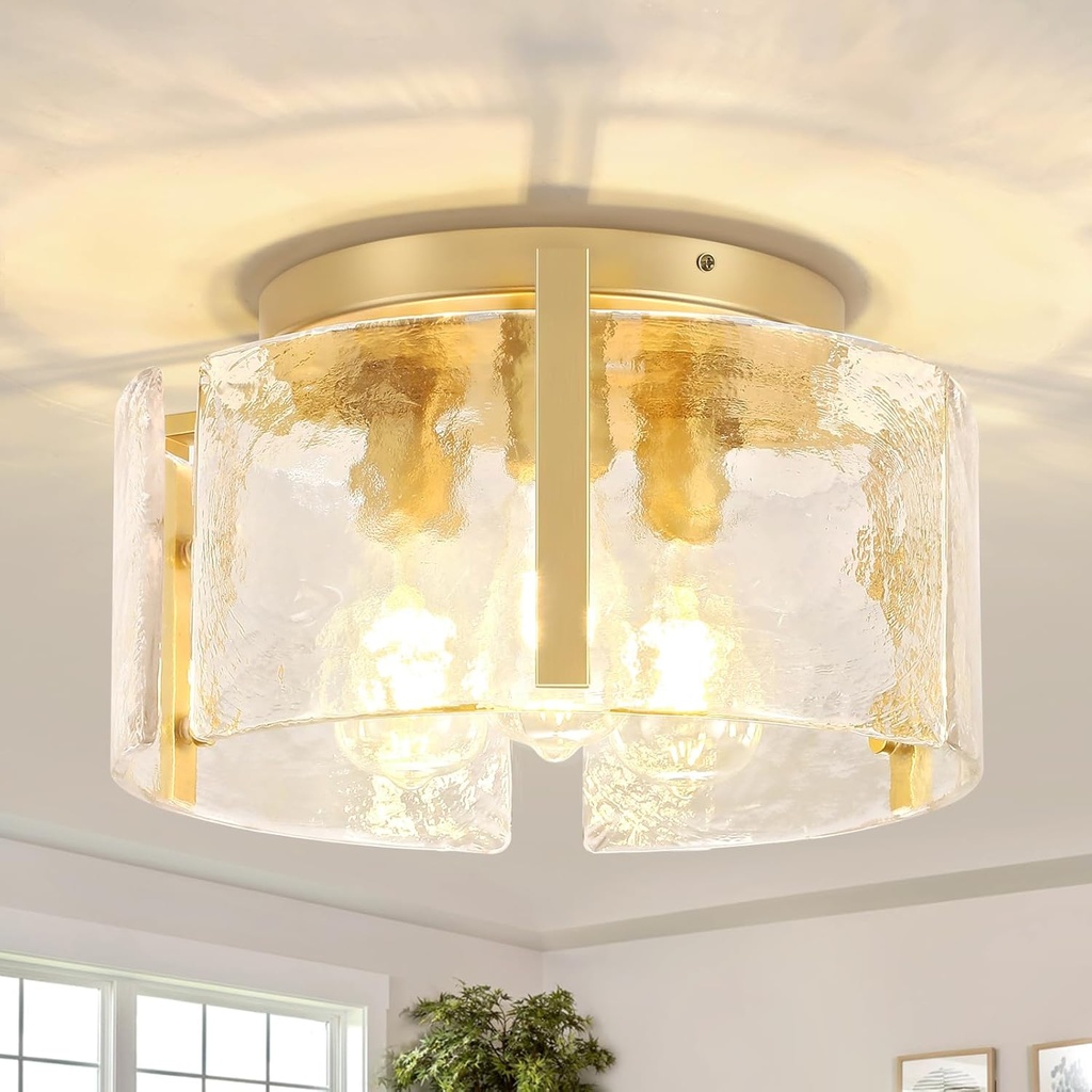 15'' Modern Gold Semi Flush Mount Ceiling Light, 3-Light Glass Drum Light Fixtures, Ceiling Lights for Hallway Entryway Foyer Bedroom Kitchen Dining Room Laundry Room Lighting Fixture, UL-Listed