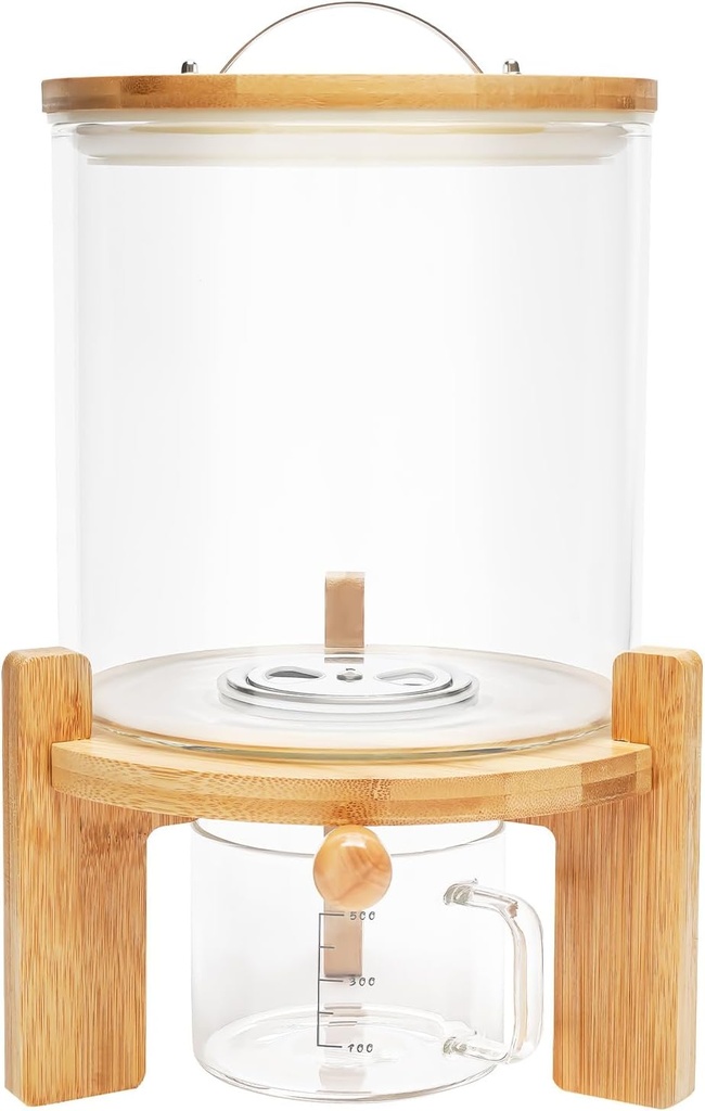 Glass Rice Dispenser 5L Cereal Containers Storage Dispenser with Valve and Wooden Stand