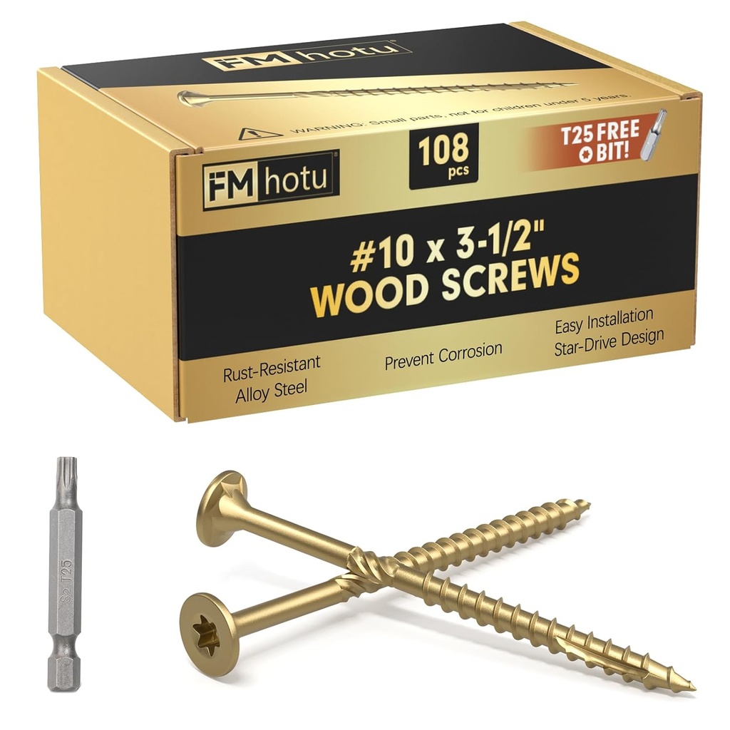 #10 x3-1/2 Deck Screws, 108Pcs Star Drive Wood Screws, Rust Resistant Timber Screws for Timber/Log/Landscaping Wood, T25 Star Bit Included, Gold