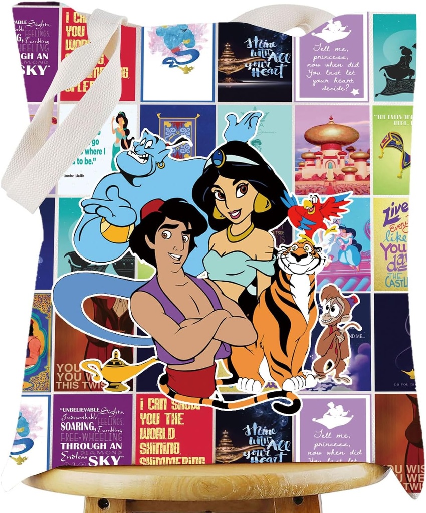 WZMPA Princess Tote Bag Abu & Genie & Jafar Fans Gift Cartoon Movie Reusable Grocery Bag Fairy Tale Merchandise